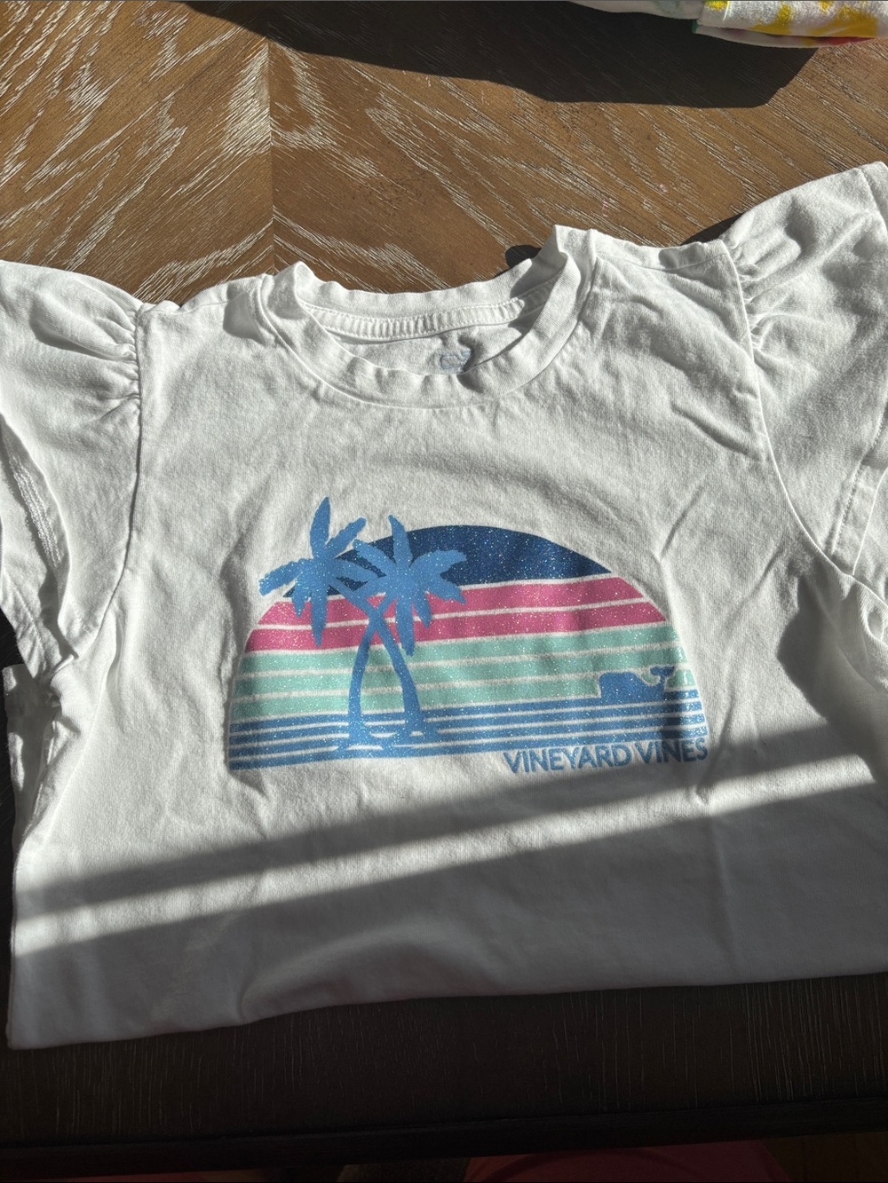 Vineyard Vines White Tee with Blue, Pink & Teal Palm Sunset Graphic